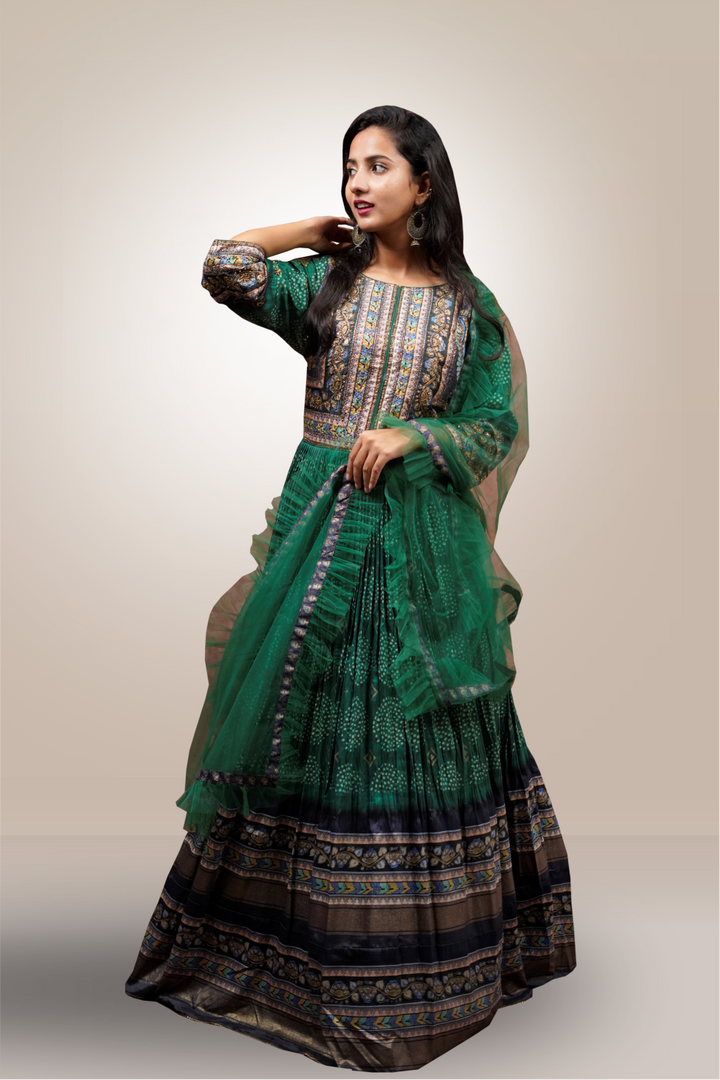 Green Color Silk Bandhini Designed Worked Anarkali Suit