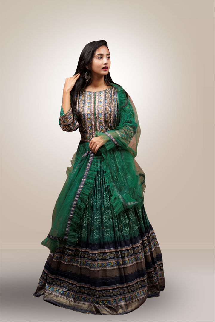 Green Color Silk Bandhini Designed Worked Anarkali Suit