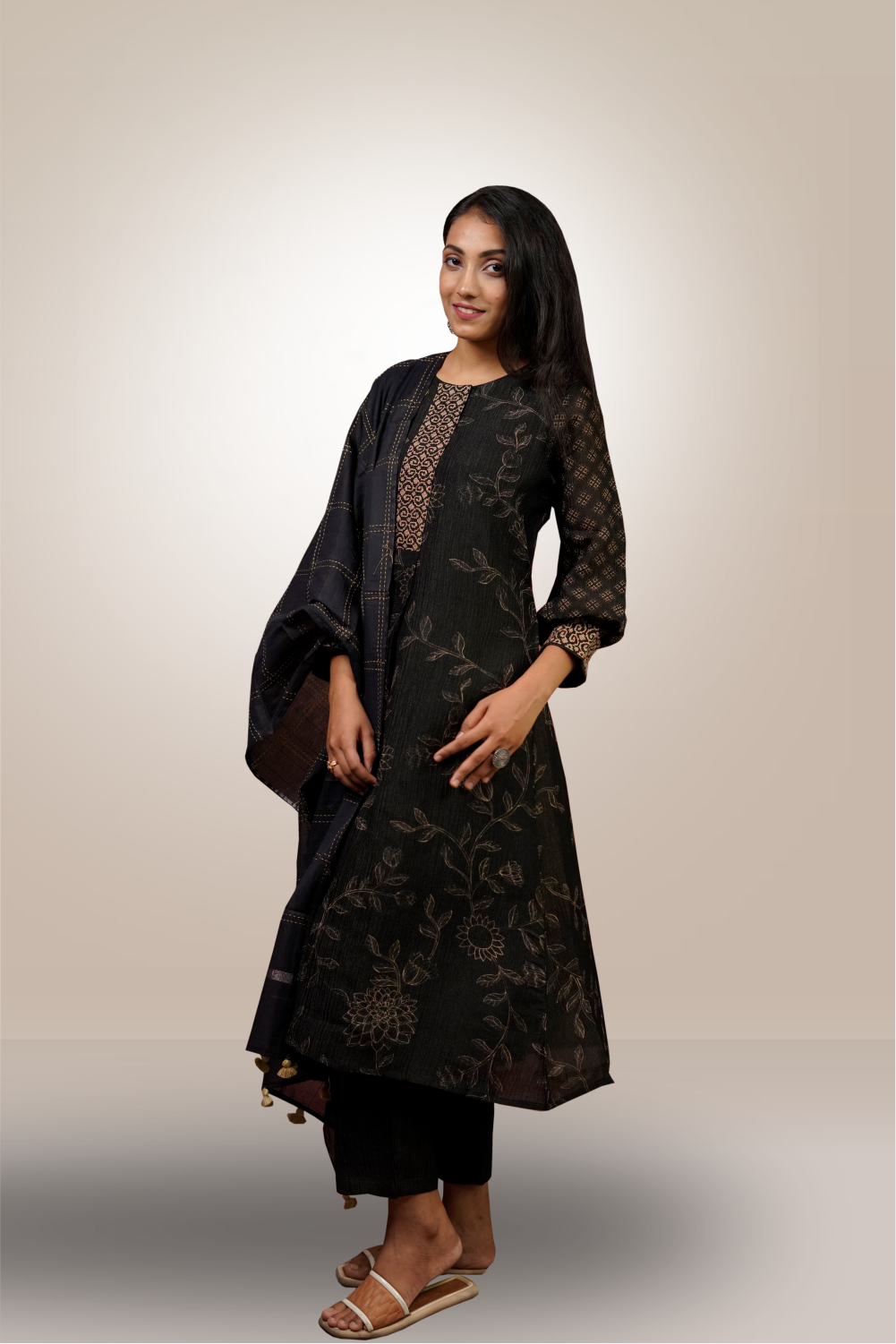 Black Color Tissue Fabric Floral Printed Salwar kameez