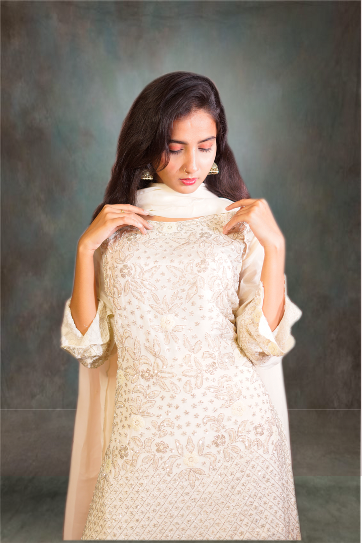 Cream Color Chiffon Full Worked Sharara Set