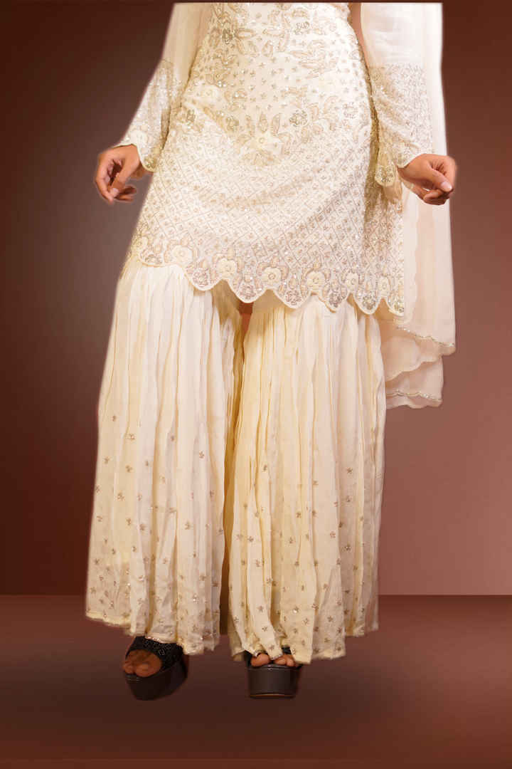 Cream Color Chiffon Full Worked Sharara Set