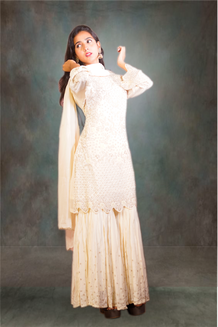 Cream Color Chiffon Full Worked Sharara Set