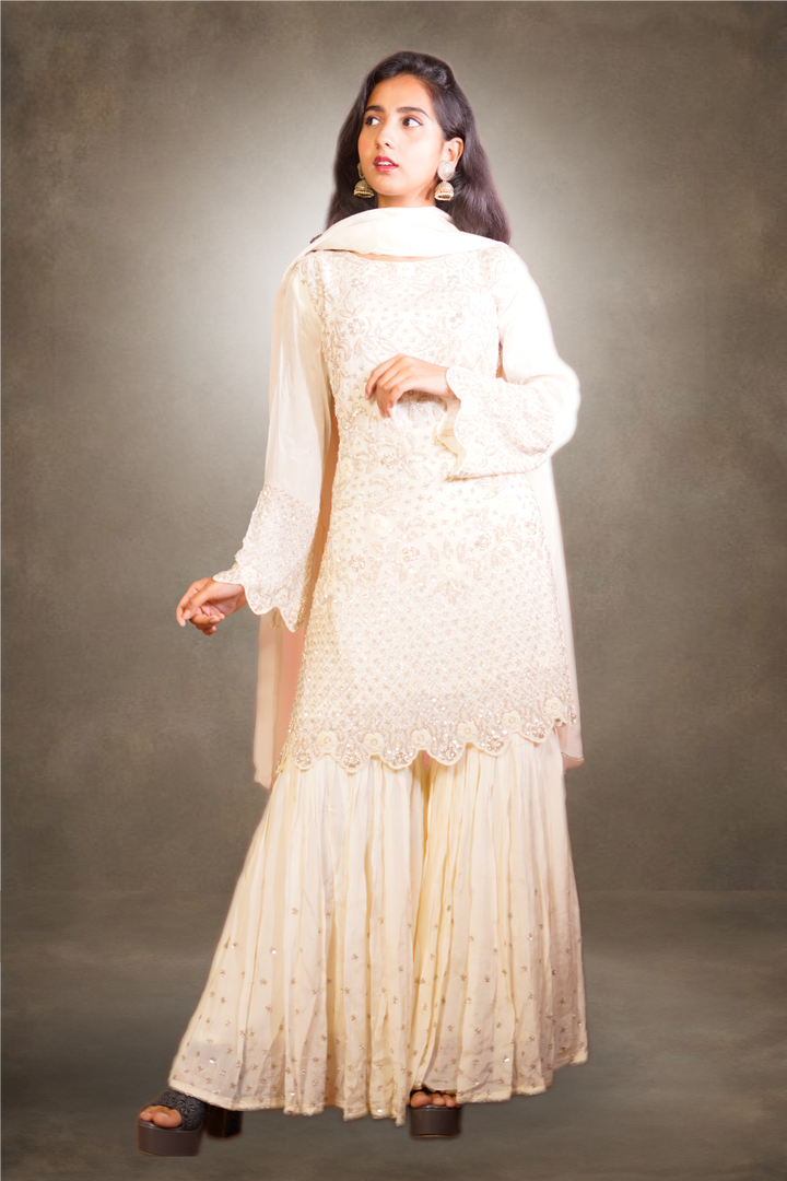 Cream Color Chiffon Full Worked Sharara Set