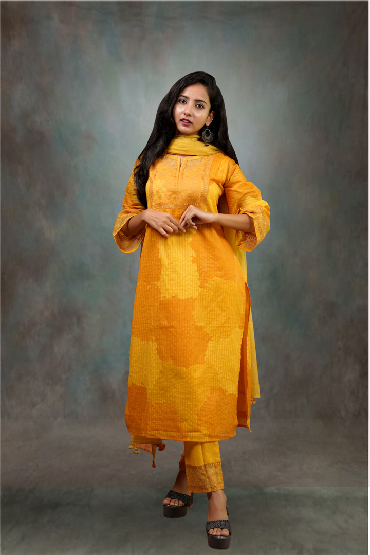 Yellow Color Cotton Printed Embroidered Salwar Kameez