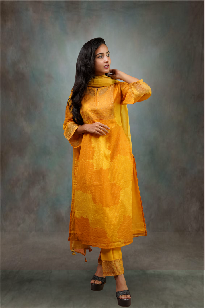 Yellow Color Cotton Printed Embroidered Salwar Kameez