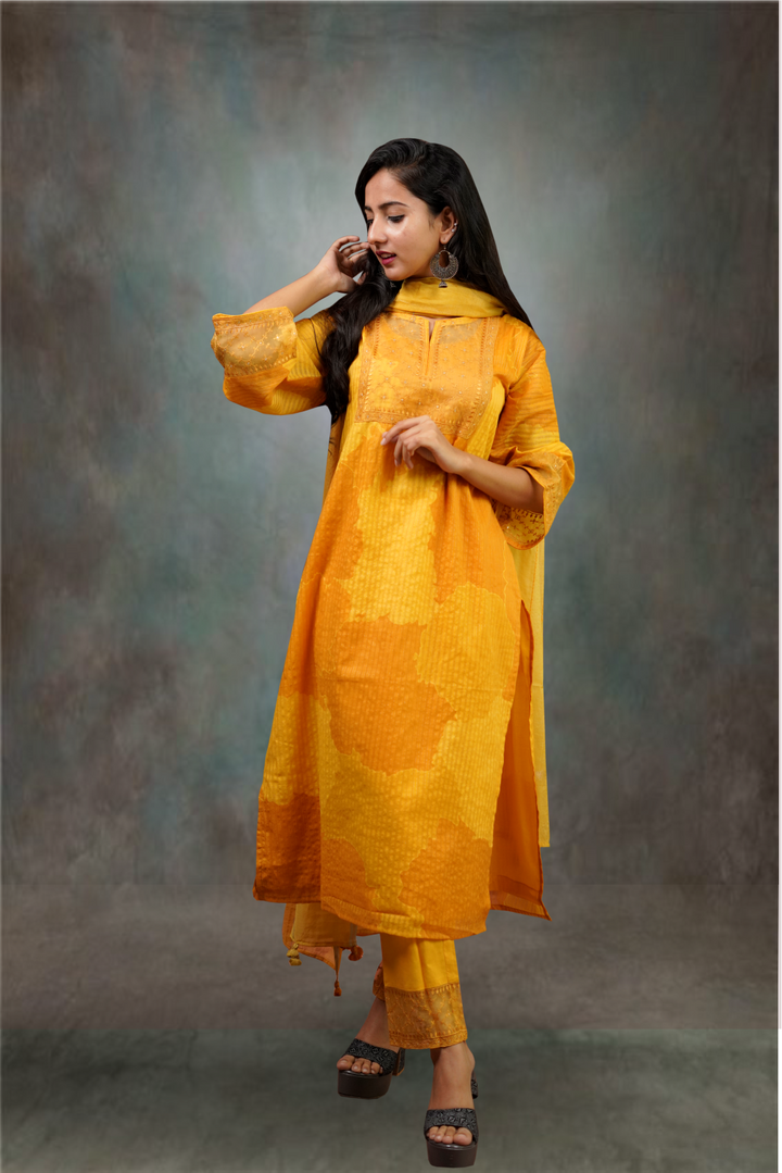 Yellow Color Cotton Printed Embroidered Salwar Kameez