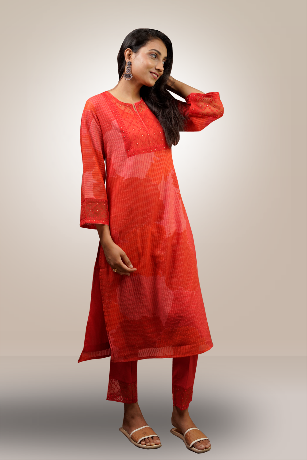 Red Color Cotton Straight Line Printed Salwar Kameez