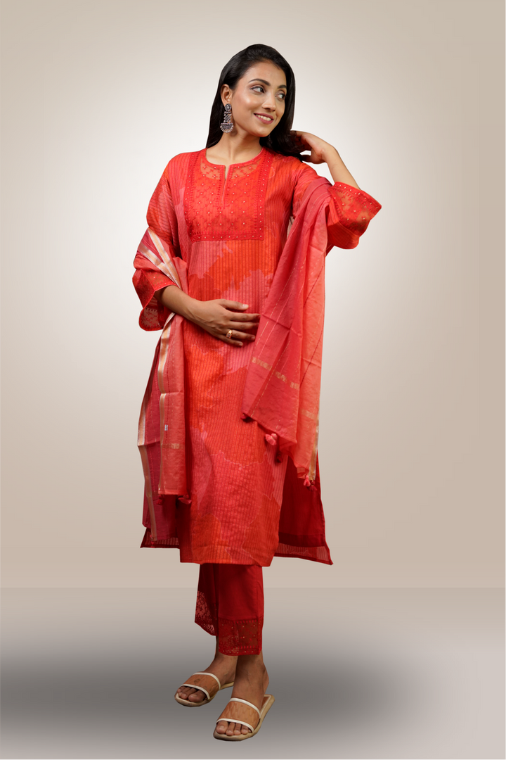 Red Color Cotton Straight Line Printed Salwar Kameez