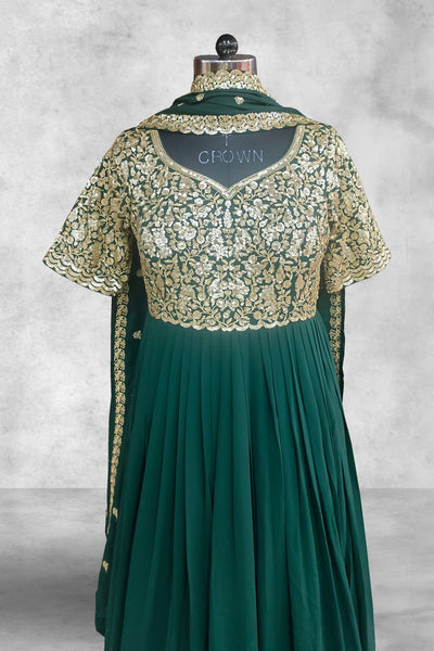 Dark Green Georgette Sequins Embellished Work Anarkali Suit
