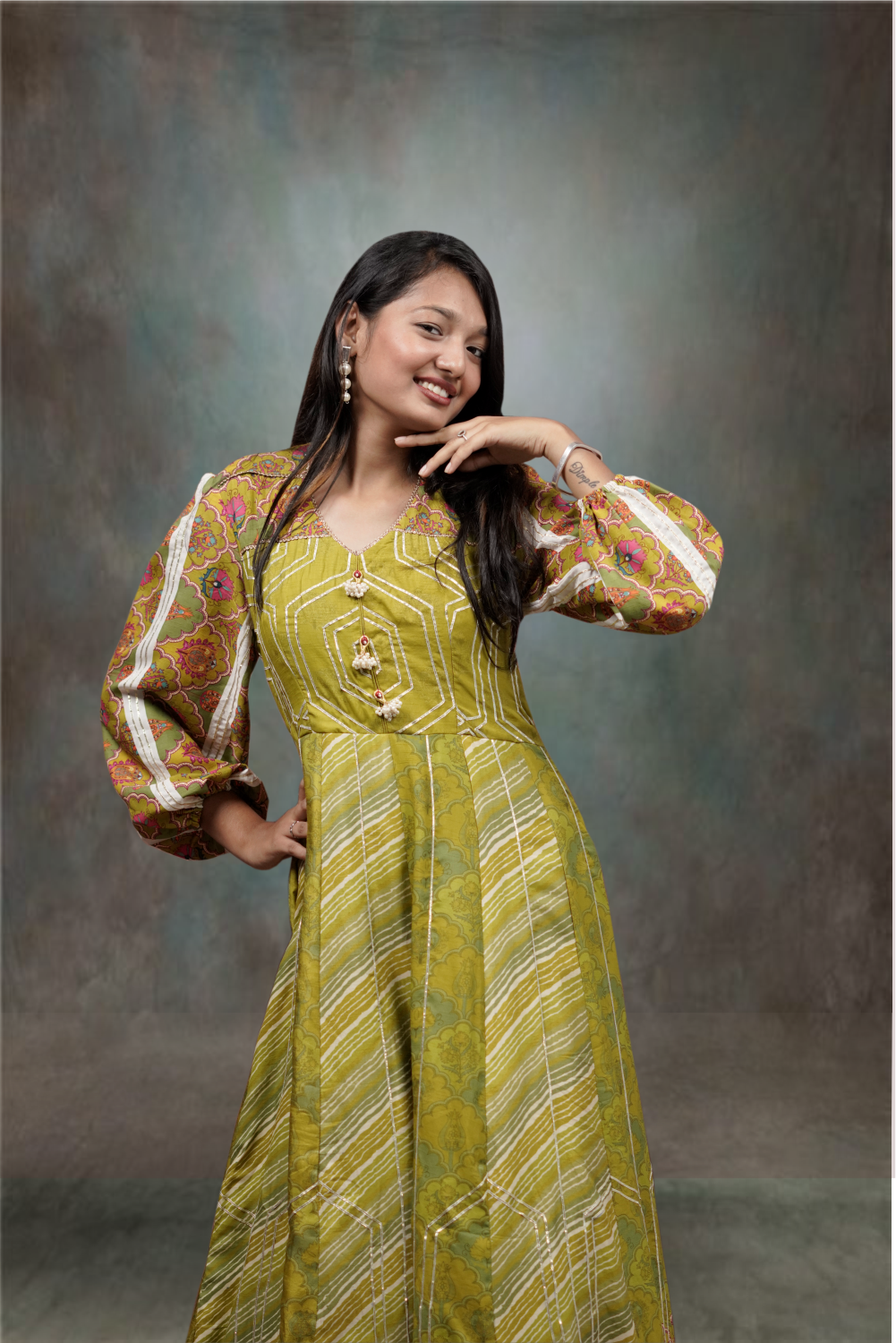 Venom Green Silk Golden Zari With Multicolor Printed Anarkali Suit