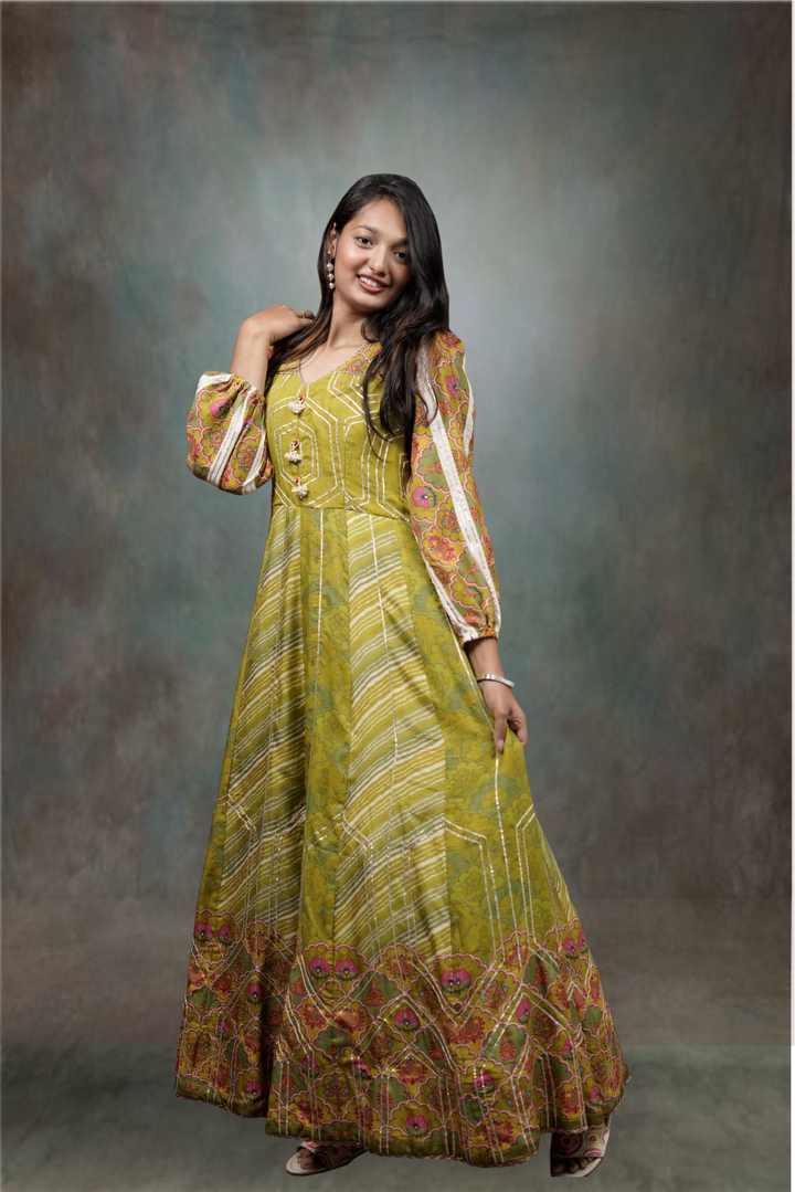 Venom Green Silk Golden Zari With Multicolor Printed Anarkali Suit