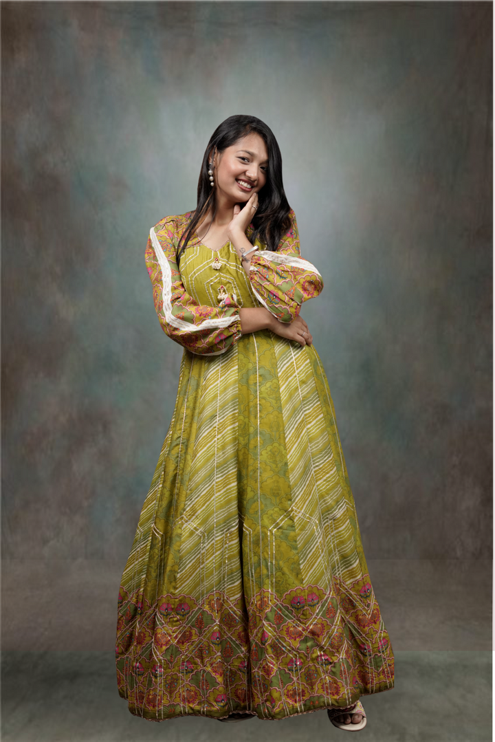 Venom Green Silk Golden Zari With Multicolor Printed Anarkali Suit