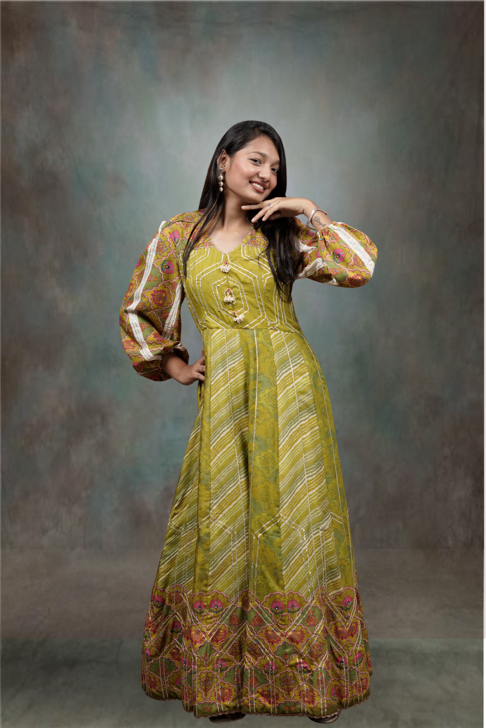 Venom Green Silk Golden Zari With Multicolor Printed Anarkali Suit