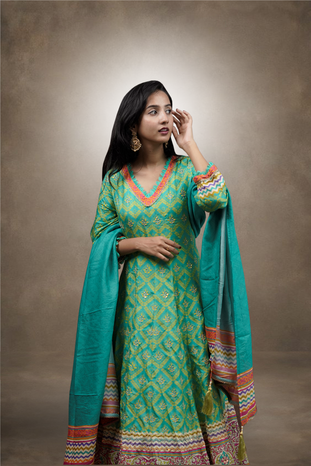 Green Color Silk Heavy Beads & Jamki Worked Anarkali Suit