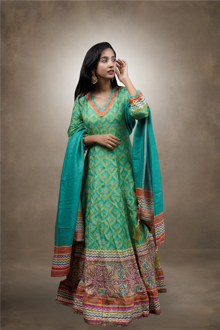 Green Color Silk Heavy Beads & Jamki Worked Anarkali Suit