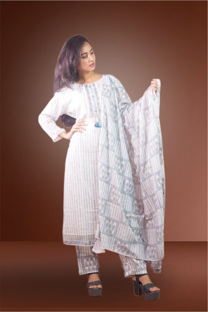 Cream Color Cotton Printed Straight Cut Salwar Kameez