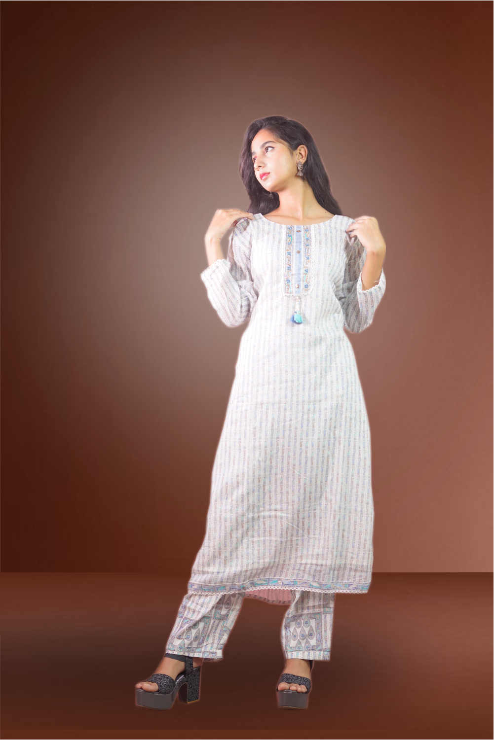 Cream Color Cotton Printed Straight Cut Salwar Kameez