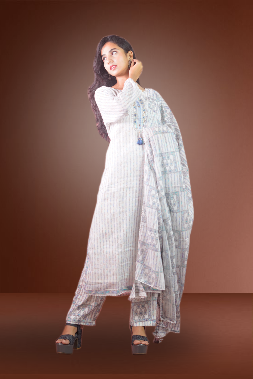 Cream Color Cotton Printed Straight Cut Salwar Kameez