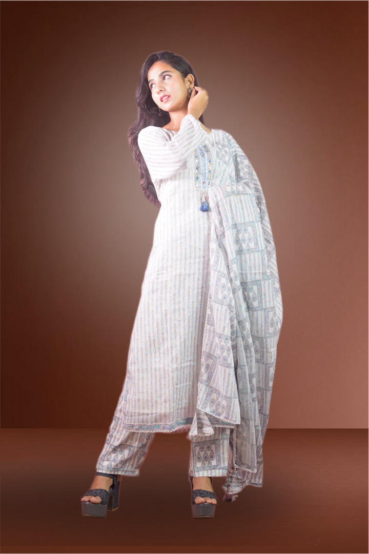 Cream Color Cotton Printed Straight Cut Salwar Kameez