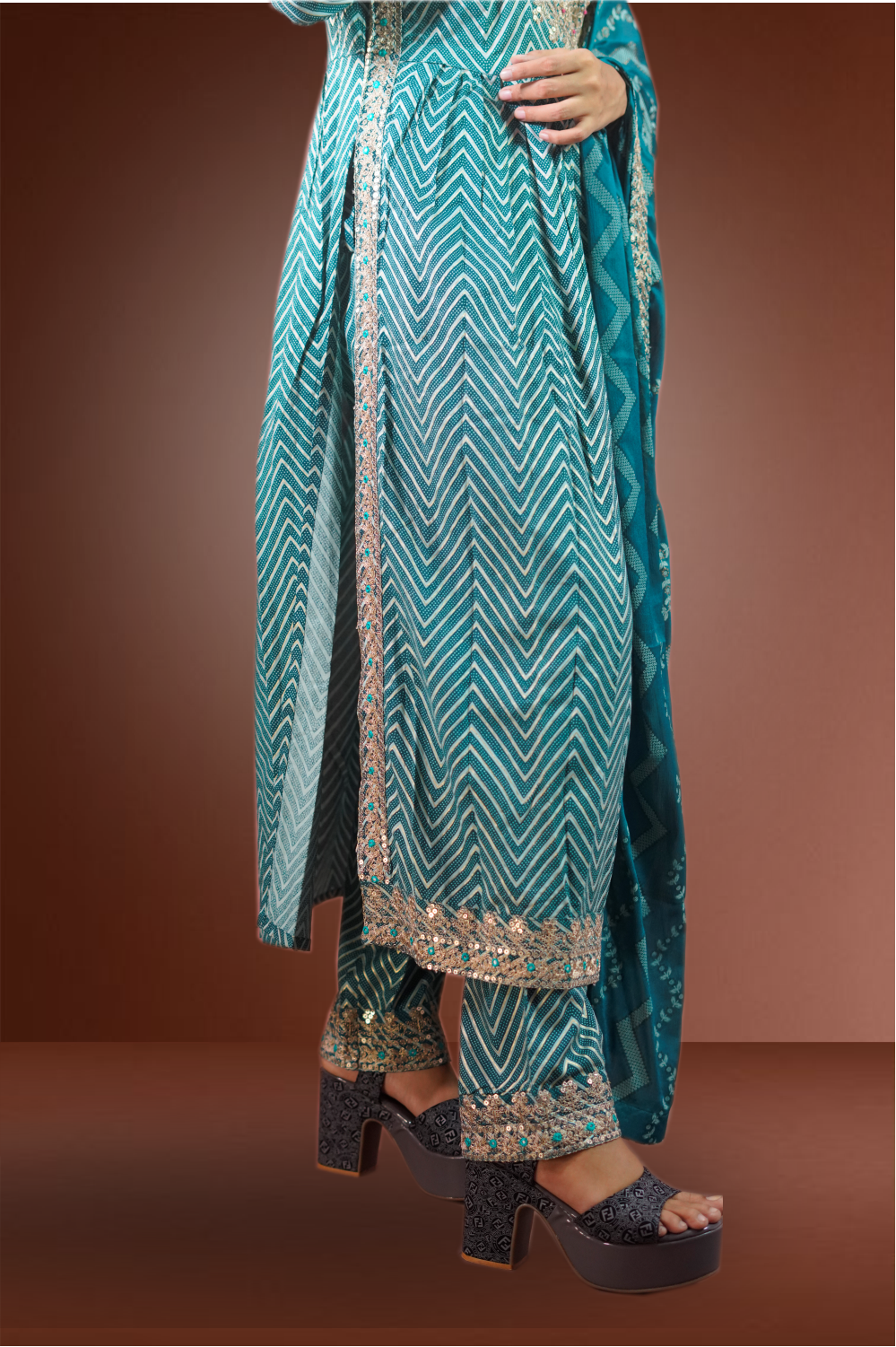 Duck Blue Color Rayon Printed Neck Embroidered Straight Cut Salwar Kameez