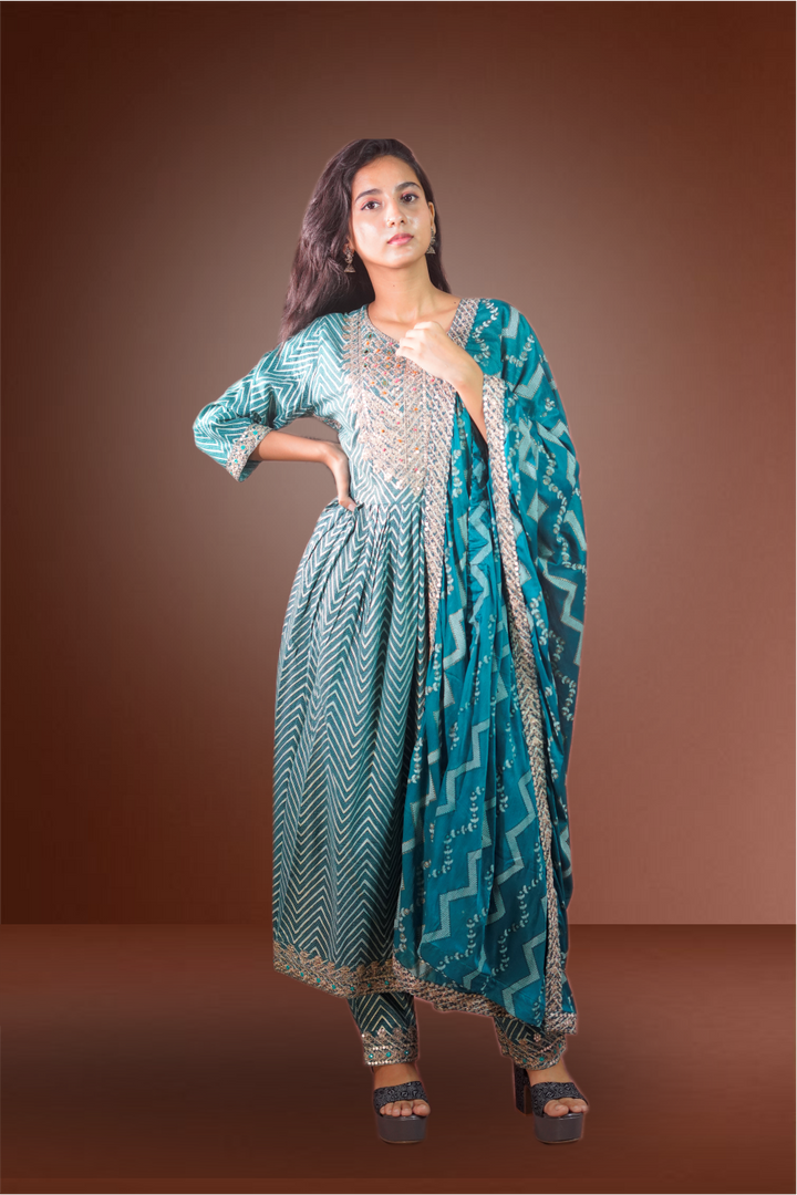 Duck Blue Color Rayon Printed Neck Embroidered Straight Cut Salwar Kameez