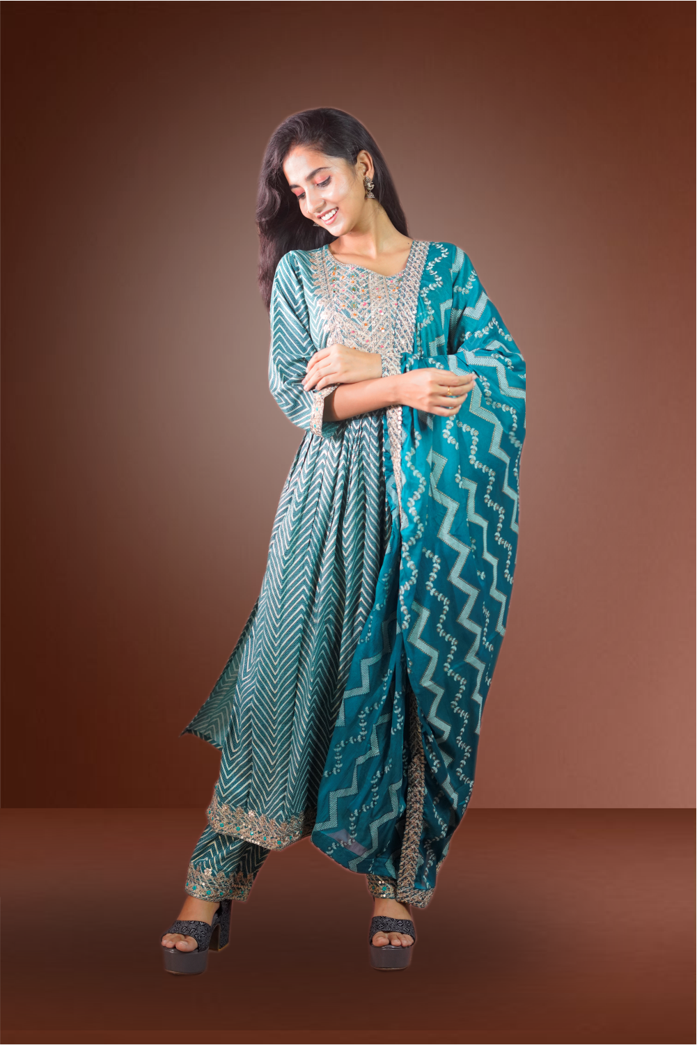 Duck Blue Color Rayon Printed Neck Embroidered Straight Cut Salwar Kameez