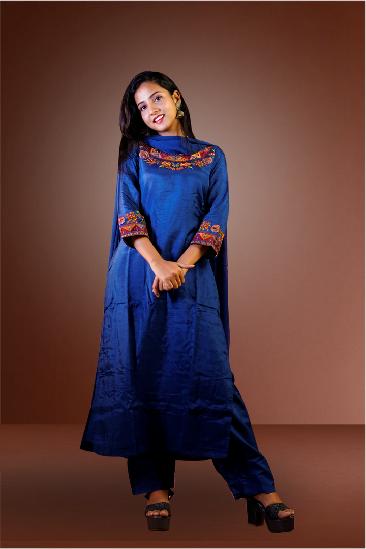 Dark Blue Color Silk Embroidery Worked Salwar Kameez