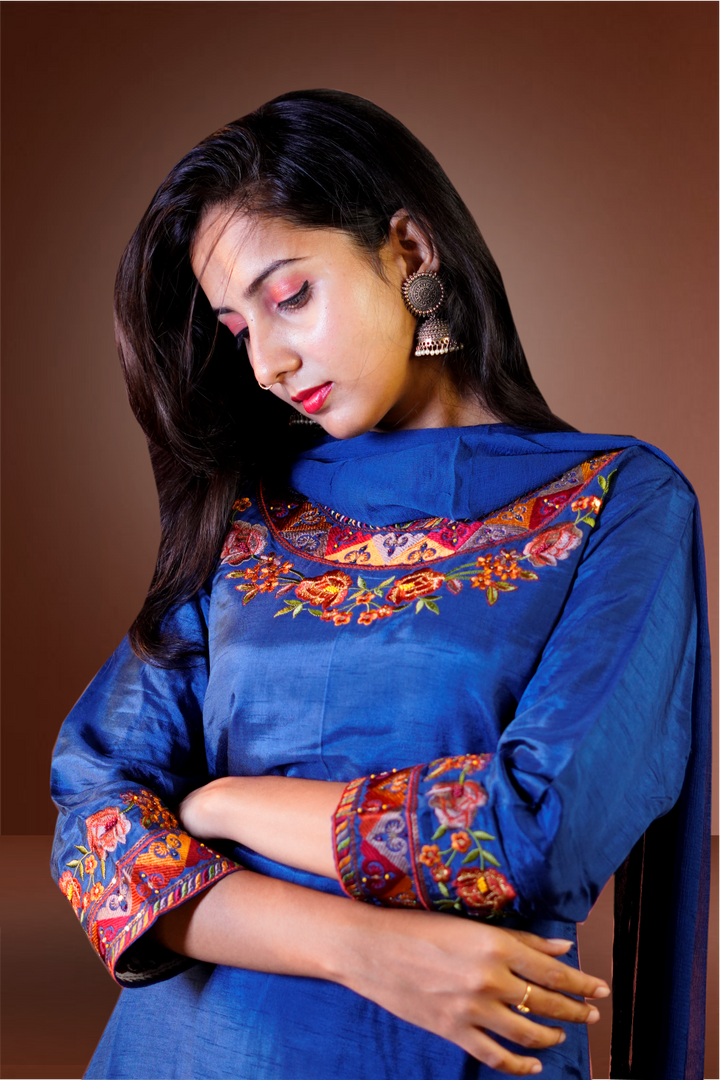 Dark Blue Color Silk Embroidery Worked Salwar Kameez