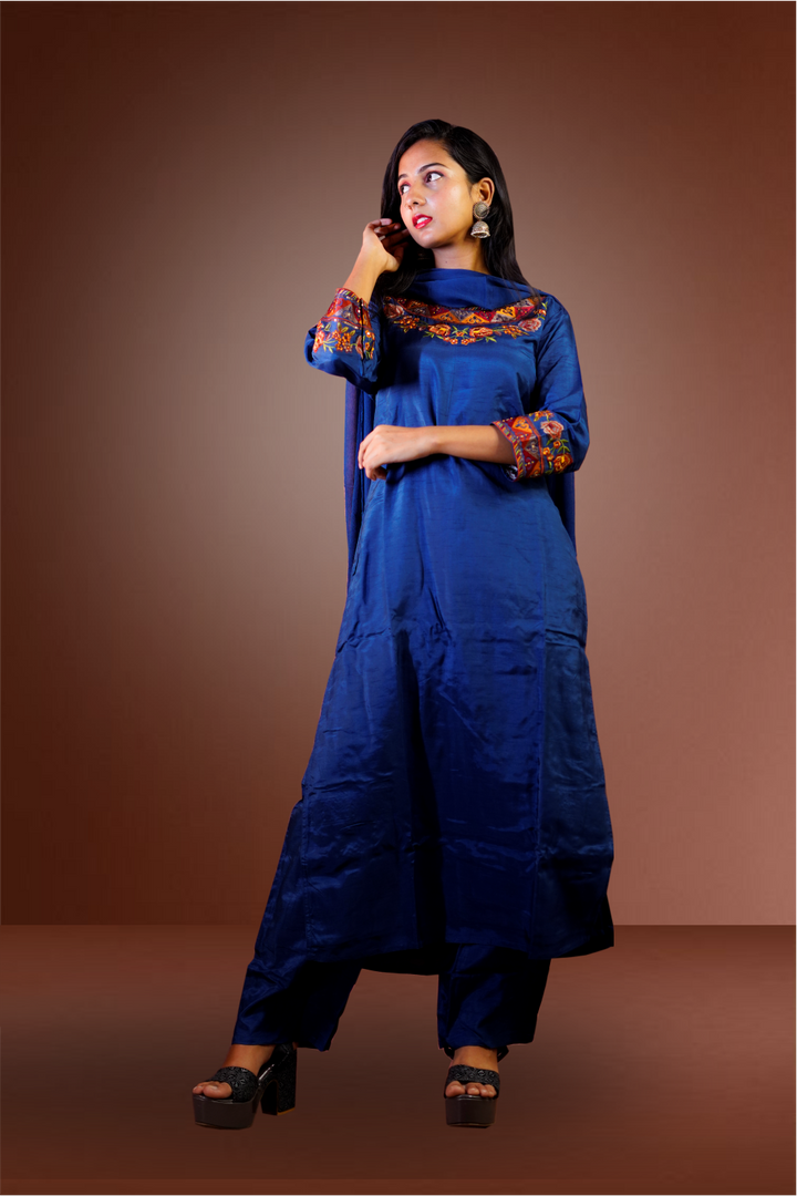 Dark Blue Color Silk Embroidery Worked Salwar Kameez