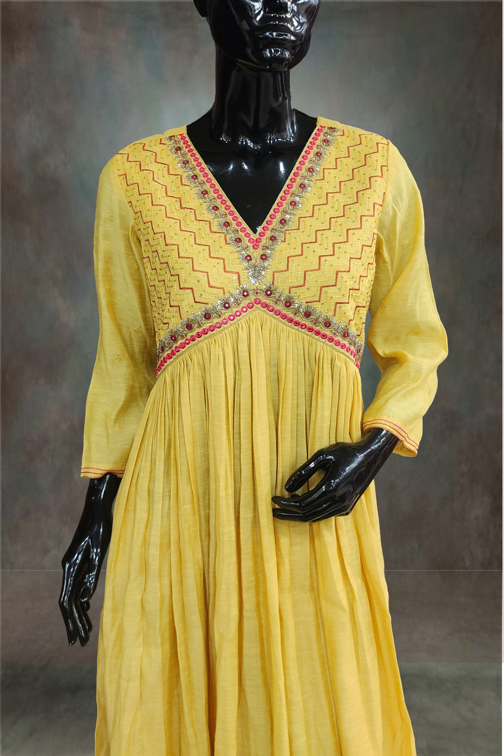 Aaliya Cut Embroidered with Mirror and Beads Work Yellow Anarkali Suit