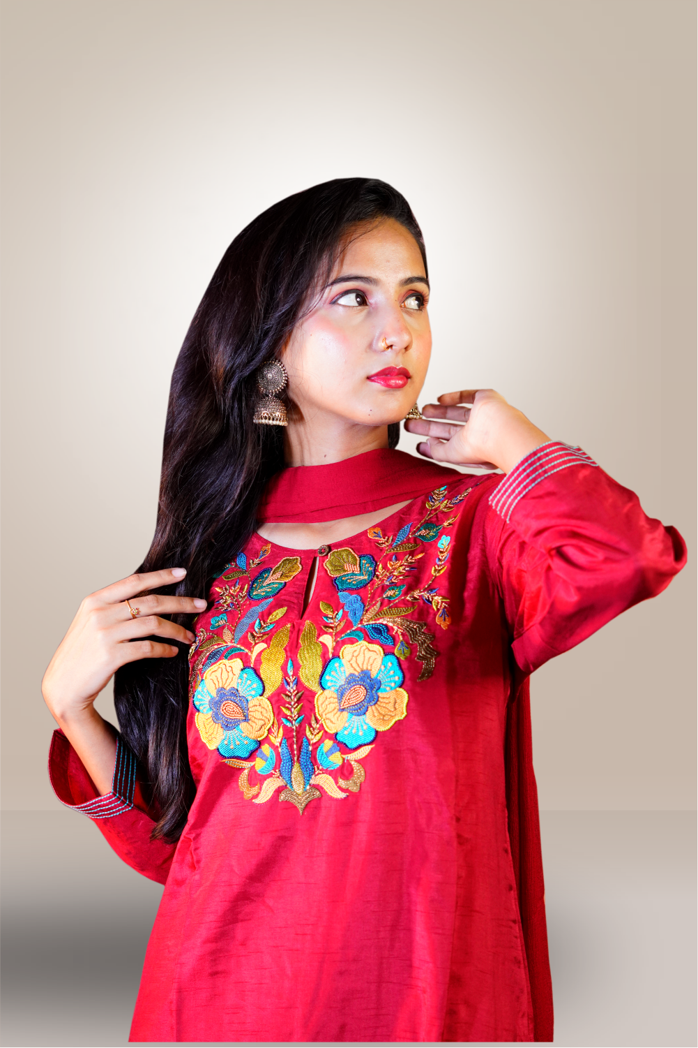 Semi Silk Thread Embroidery Cut Worked Salwar Kameez