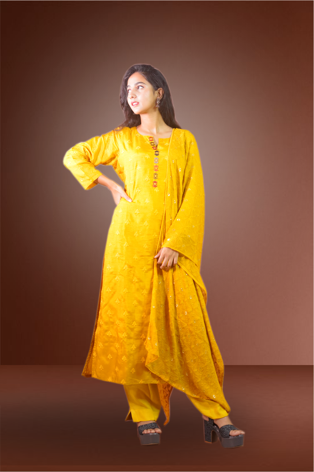 Amber Yellow Color Semi Silk Embroidered Worked Salwar Kameez