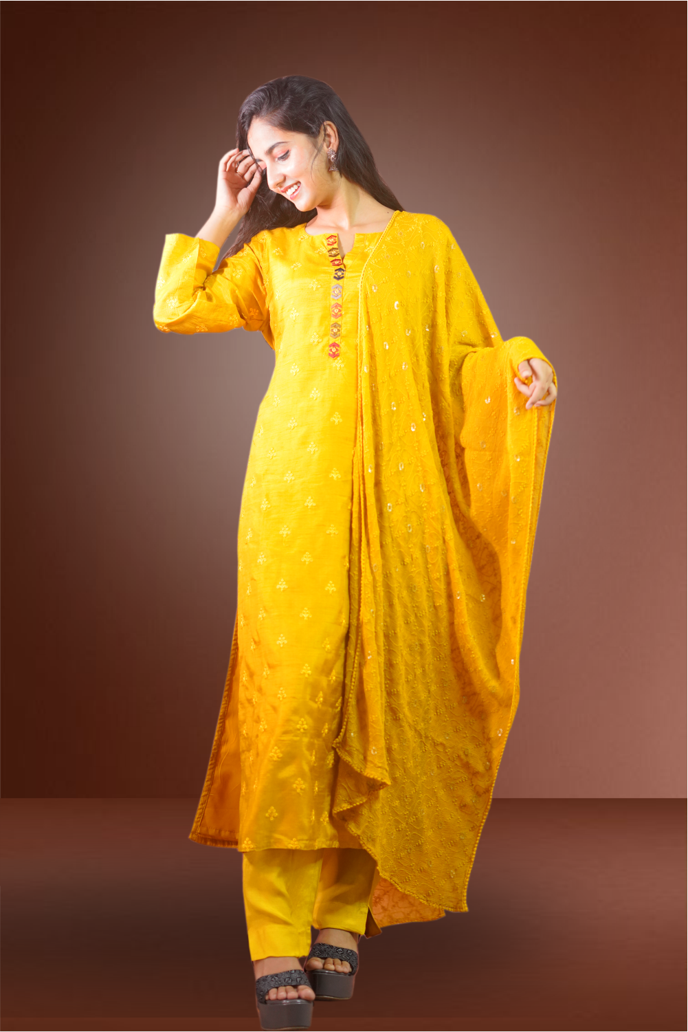 Amber Yellow Color Semi Silk Embroidered Worked Salwar Kameez