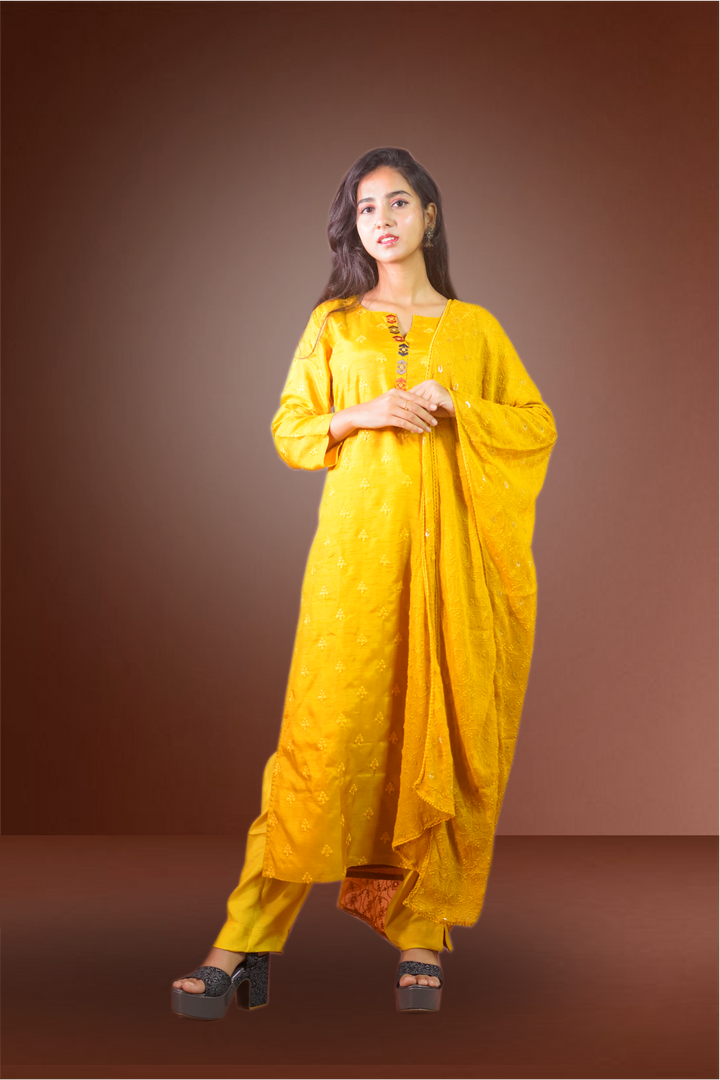 Amber Yellow Color Semi Silk Embroidered Worked Salwar Kameez