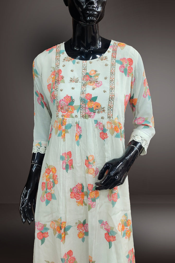 Crepe Printed with Pearl and Zari Embroidered Anarkali Suit