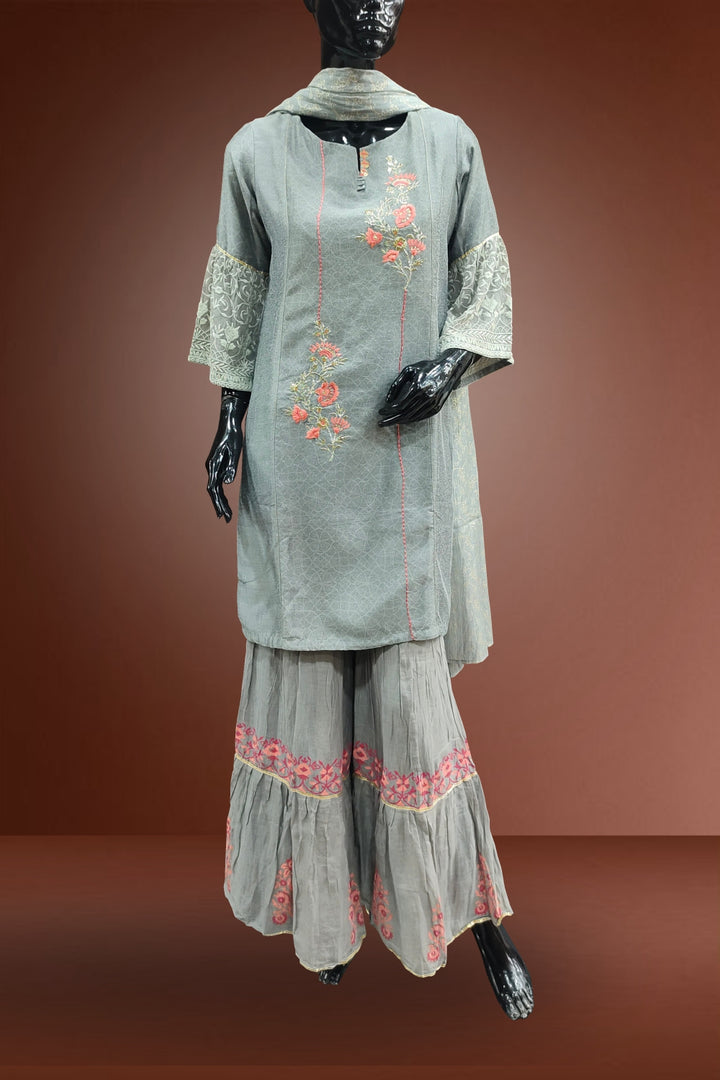 Grey Silk Embroidered Sharara Set