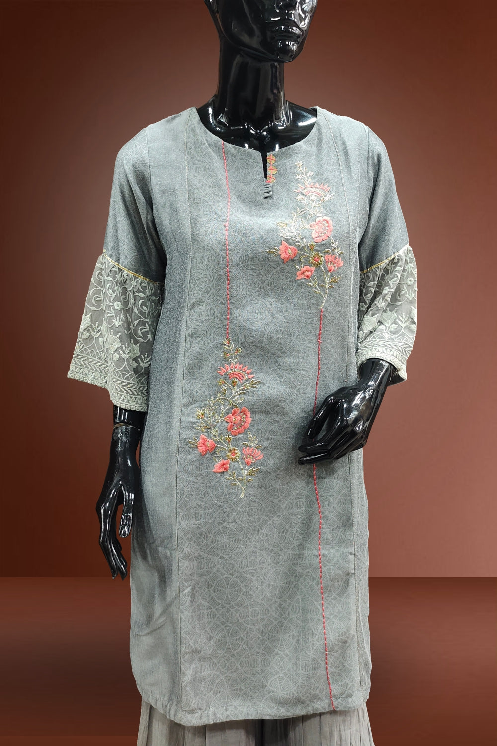 Grey Silk Embroidered Sharara Set