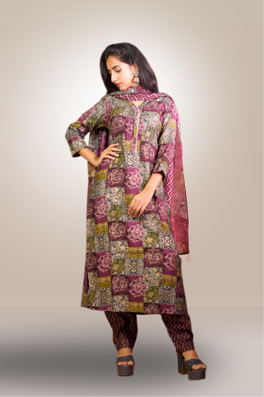 Maroon Color Cotton Straight Cut Salwar Kameez