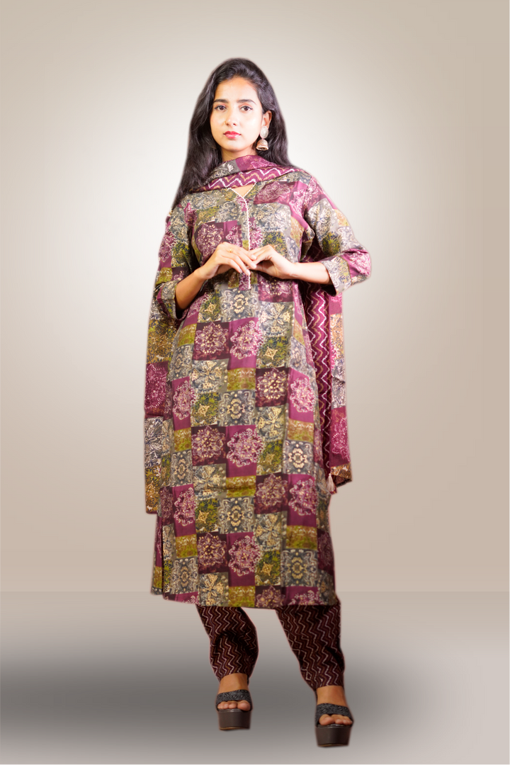 Maroon Color Cotton Straight Cut Salwar Kameez