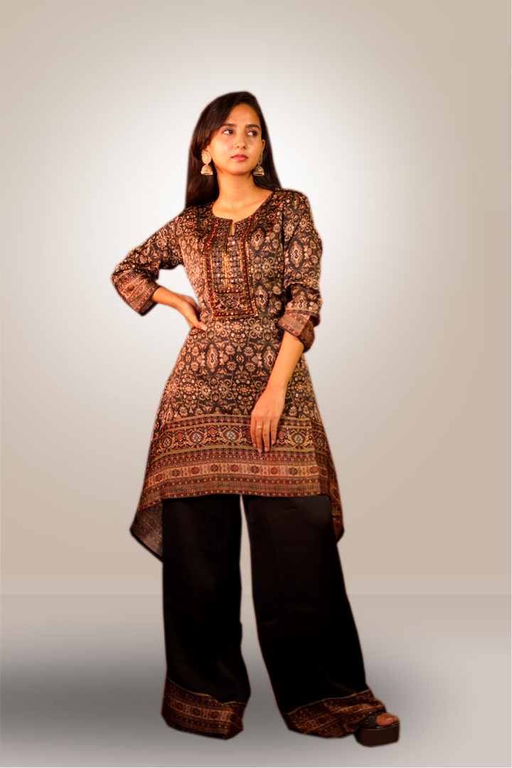 Black Color Silk Printed Salwar With Palazzo Bottom