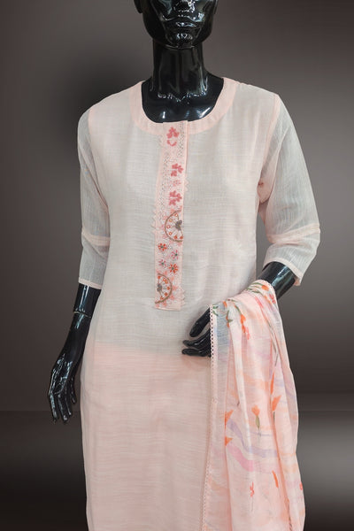 Peach Linen Thread Embroidered with Beads Work Salwar Kameez
