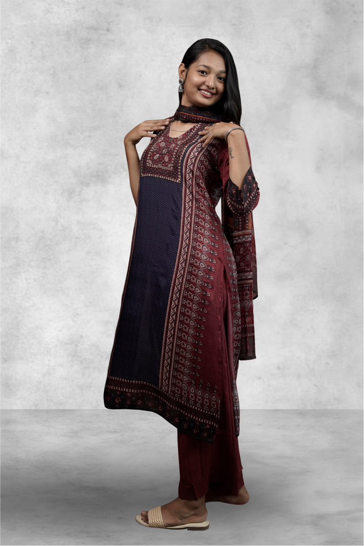 Maroon Color Crepe Printed Straight Salwar Kameez