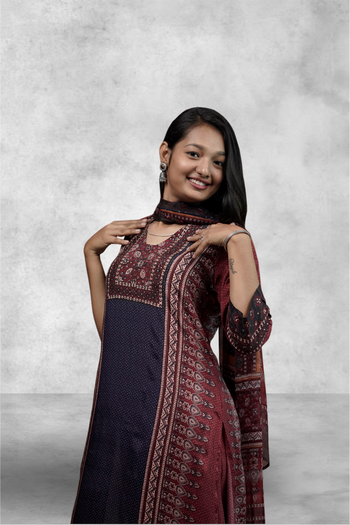 Maroon Color Crepe Printed Straight Salwar Kameez