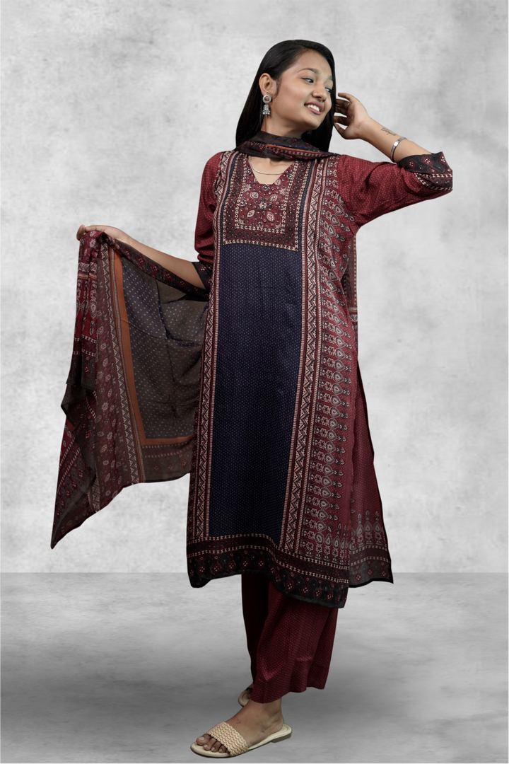 Maroon Color Crepe Printed Straight Salwar Kameez