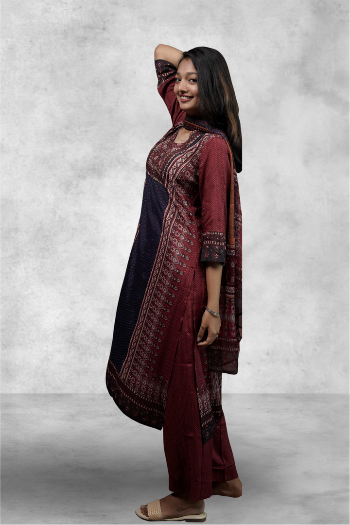 Maroon Color Crepe Printed Straight Salwar Kameez