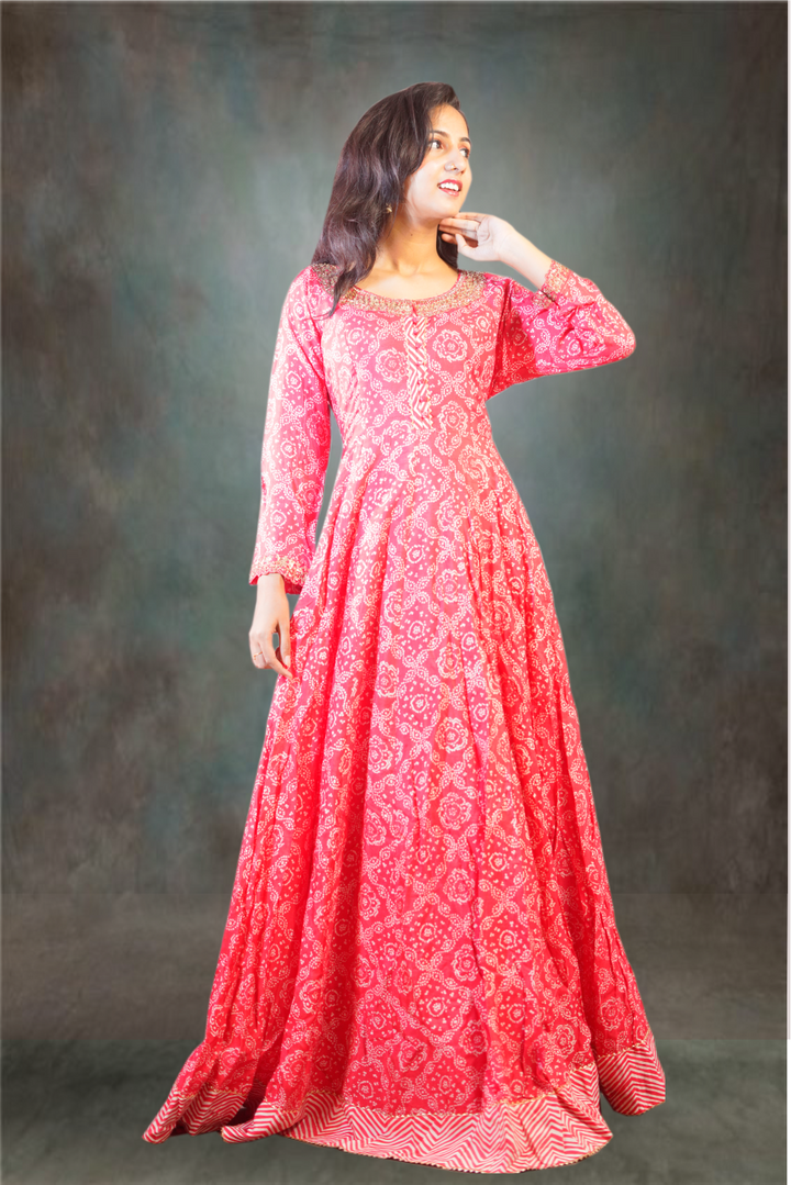 Tomato Red color Bandhini Design Long Gown