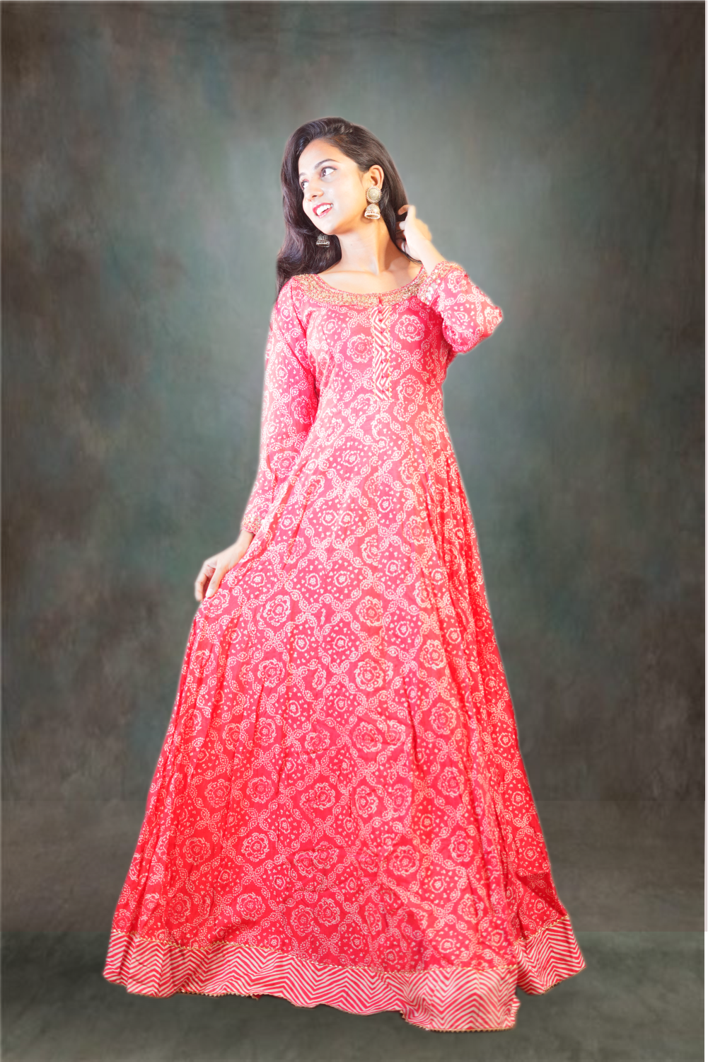 Tomato Red color Bandhini Design Long Gown