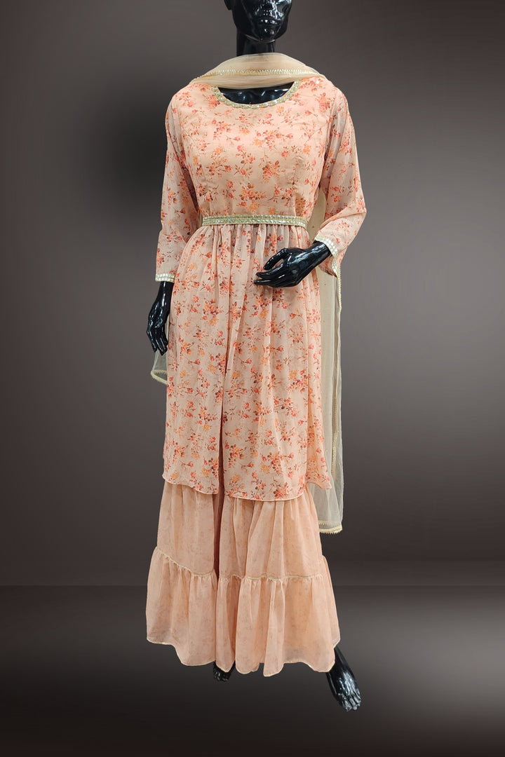 Peach Georgette Floral Printed Sharara Set