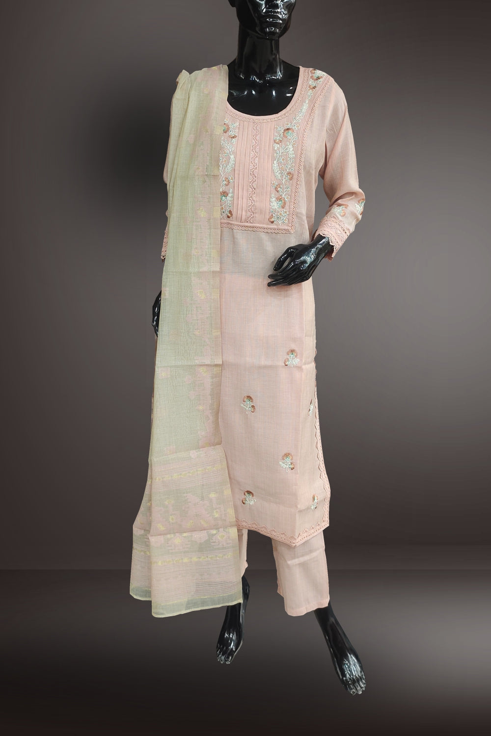 Sugared Peach Cotton Embroidered and Lace Work Salwar Kameez