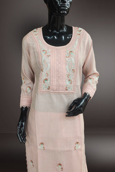 Sugared Peach Cotton Embroidered and Lace Work Salwar Kameez